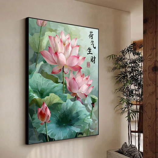中国风高颜值荷花diy填充涂色手工绘丙烯荷气生财油彩画 hy14066 60*80cm加厚实木内框+装饰外框