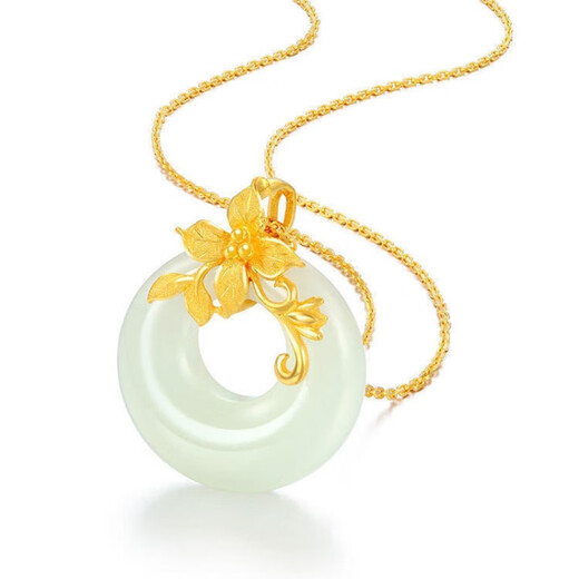 He Jiagong Lao Phoenix 999 Gold Pure Gold Inlaid Jade Pendant Female Jade Cui Hetian Jade Peace Buckle 3D Necklace Hetian Jade Pendant Single Pendant (Necklace Not Included) Lao Feng