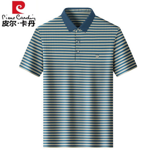 皮尔卡丹新款夏季冰丝短袖t恤男士撞色条纹休闲翻领POLO衫凉感上衣爸爸装 蓝色 GR-9207【冰丝凉感】 M 48 (适合95-115斤)