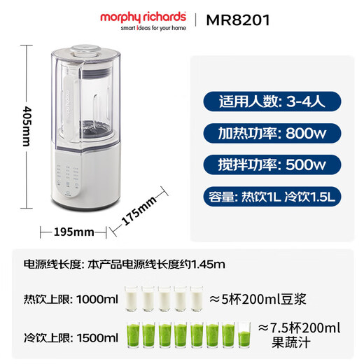 Morphyrichards Wall Breaker Household 1.5L Multifunctional Soft Soybean Milk Maker Heating Fully Automatic Juicer Blender 3-4 People Appointment Insulation Soundproofing Noise Reduction Food Supplementary Machine MR8201 White