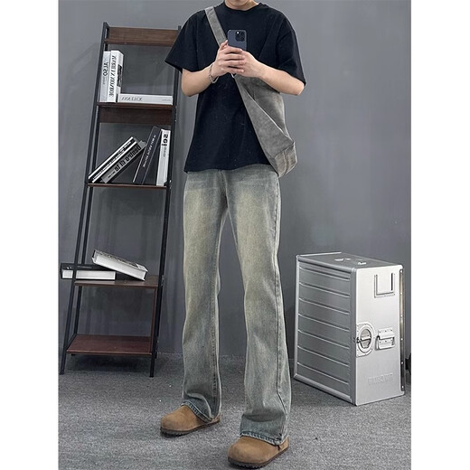 Poum Retro Blue Jeans Herren Frühling und Herbst hohe Hosen mit Breitbein schlanker und leicht ausgestellter Scimitar Hosen DDD-686 Retro Blue XL