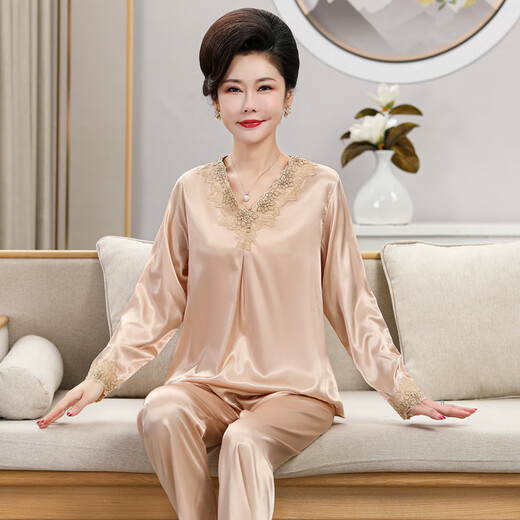 莫代尔春夏季中年妈妈睡衣女秋冰丝可外穿婆婆丝.绸薄款中老年人两件套 ARM684银 2XL 建议【120-145斤】