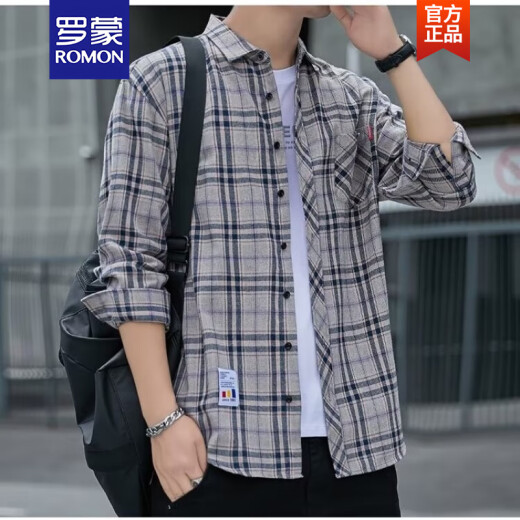 罗蒙（ROMON）格子休闲衬衫男士春秋季长袖衬衣韩式上衣服复古宽松夏季薄款外套 K12111黄蓝色 M 90-110斤
