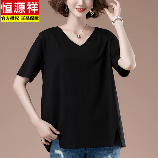 恒源祥大码短袖t恤女夏薄款纯棉宽松中年妈妈鸡心领全棉汗衫t血V领上衣 军绿色【AM-216款】 5XL 适合180-200斤