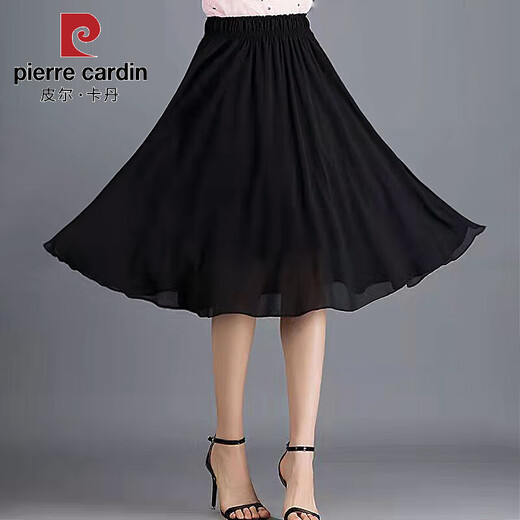 PIERRE CARDIN Falda de gasa étnica de verano Falda de longitud media Falda con vuelo de una línea Falda floral retro de gran tamaño Falda corta estampada para mujer Negro 702 Color sólido Talla única