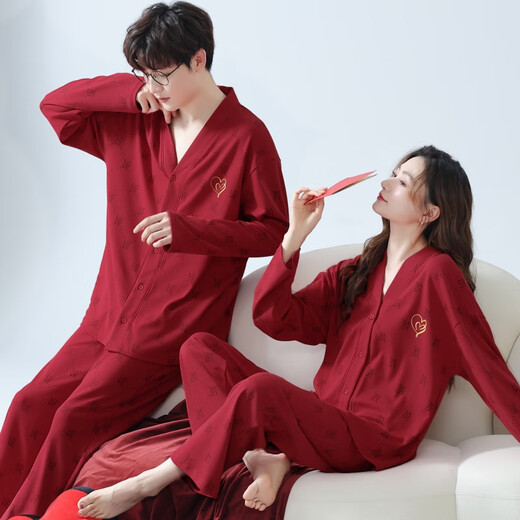 结婚新婚情侣睡衣春秋款大红色纯棉本命年小熊男女家居服套装冬季 W9754 M 女送男L