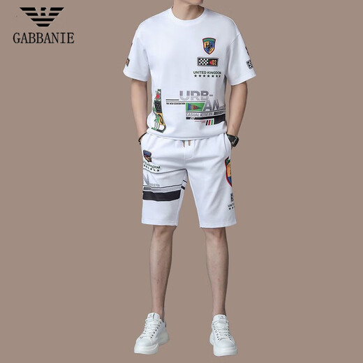 Armani (Emporio Armani) Armani men's ice silk casual sports suit summer short-sleeved two-piece set high-end trendy T-shirt men's shorts QDBGJ-H9856B white suit 105/M (suitable for 90-120 Jin Jin equals 0.5 kg) One size