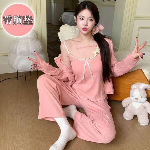 荣西图（RONGXITU）棉睡衣女带胸垫吊带三件套韩版甜美ins风家居服 S681#灰蓝 170 M