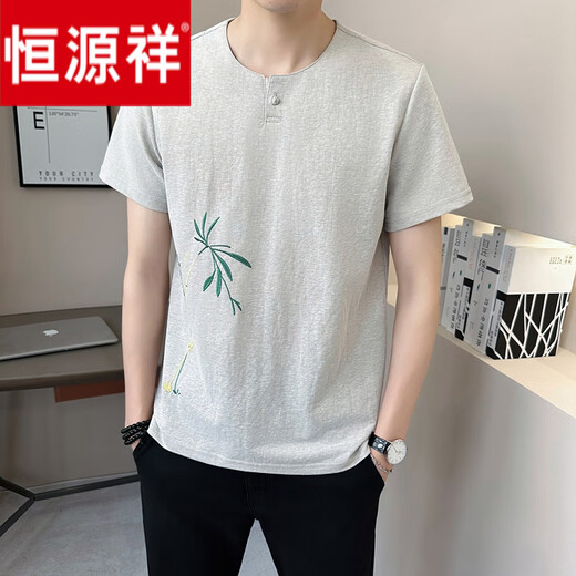恒源祥新中式国风v领短袖T恤男夏季亚麻2025新款透气竹子半袖男士体恤衫 9856卡其色 M (约90~105斤可穿)
