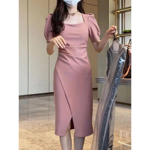 
ZIPJBX Korean version of square collar puff sleeve dress mid-length slit design hip-pack skirt 2025 summer new product Black #1048 2XL