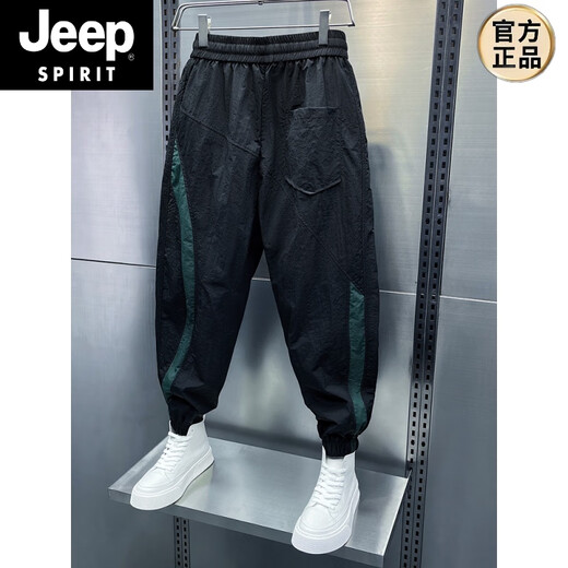 JEEP SPIRIT夏季薄款宽松休闲裤男条纹拼接小脚九分裤痞帅潮牌束脚哈伦运动裤 黑绿薄/款 M 100-125斤