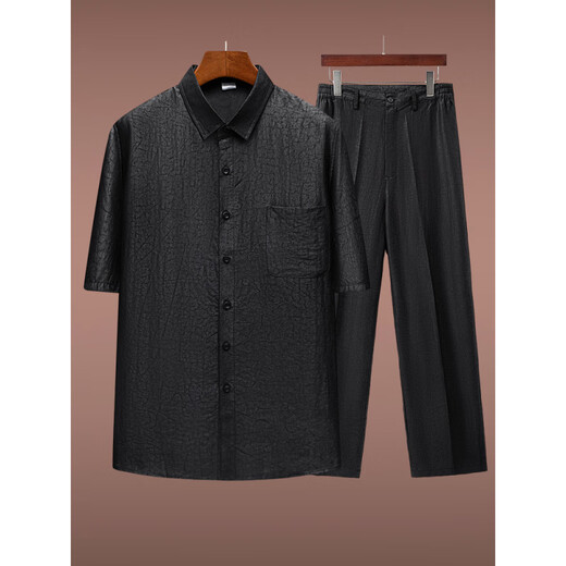 Hua Jiuqing Style chinois Cloud parfum Cloud sao chemise Men Cloud Pustrant SAO Shirt Men Summer Silk Mulberry Mulberry Silk Top Abel Merchant Black Costume (avec 9226 pantalons de ceinture) 4xl recommandé 175-185Jin [Jin est égal à 0,5 kg]