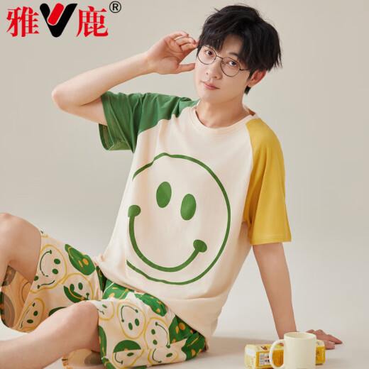 雅鹿纯绵睡衣男夏季短袖短裤青少年卡通套装夏天薄款宽松大码家居服 H9928(短袖短裤) XL (建议120-140斤)