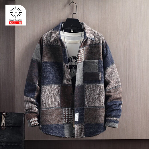 Cangshi Yishu Cangshi Yishu trendy brand 2025 spring and autumn lapel woolen jacket men's thickened high-end light luxury casual plaid jacket brown L