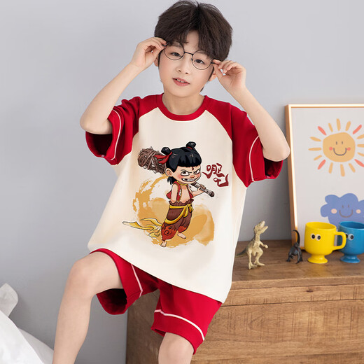 浪莎（LangSha）儿童哪吒睡衣男小中大童夏季短袖薄款纯棉家居服男孩学生卡通套装 LT694 150 建议140-150CM/70-85斤