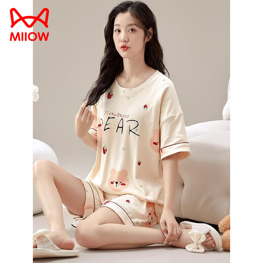猫人（MiiOW）夏季自带胸垫一体大码短袖睡衣套装家居服棉女可外穿夏天学生韩版 OZM-B1502 M (建议75-95斤)