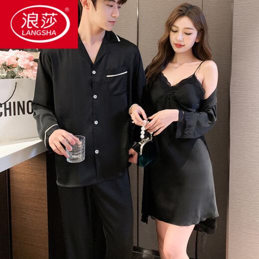 浪莎（LangSha）情侣睡衣真丝男女士春秋季长袖薄款性感吊带睡袍感套装舒适 1098酒红色俩套价 M 男L+女