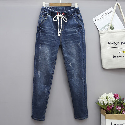 Jingluoya 230jin [Jin est égal à 0,5 kg] un pantalon de soeur gros dans le style mince d'été plus un graisse plus des jeans de taille pour les filles pantalons hauts élastiques 6623 Version bleue régulière xl 115-135jin [Jin est égal à 0,5 kg]