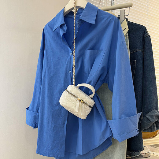 Ono Qitian Klein blue long-sleeved shirt for women, popular layered shirt, niche French loose coat top, loose shirt, blue 90-120Jin Jin is equal to 0.5 kg