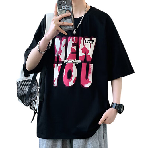 Long peach foam letter printing short-sleeved men summer casual loose five-point half-sleeved T-shirt for men youth couples T-shirt T-shirt T-shirt T-LF5012 black M about 85-110Jin [Jin equals 0.5 kg] can be worn