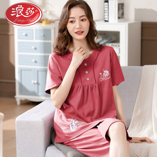 浪莎（LangSha）新款纯棉睡衣女夏季短袖七分裤中年妈妈大码薄款套装老年人家居服 t3937 M 建议75-95斤