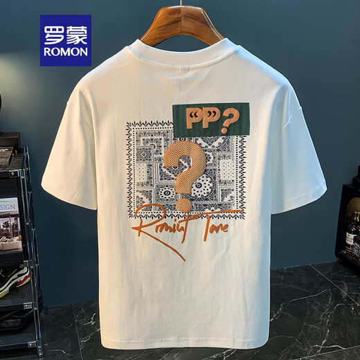 Romon kurzärmeligte T-Shirt Herren 2025 Sommer dünne Mode gedrucktes T-Shirt Xinjiang Baumwolle Runde Hals halbärmelig Männer Top T White 2 [ZJ1047 Fit-Version] M geeignet für 90-108jin [Jin gleich 0,5 kg]
