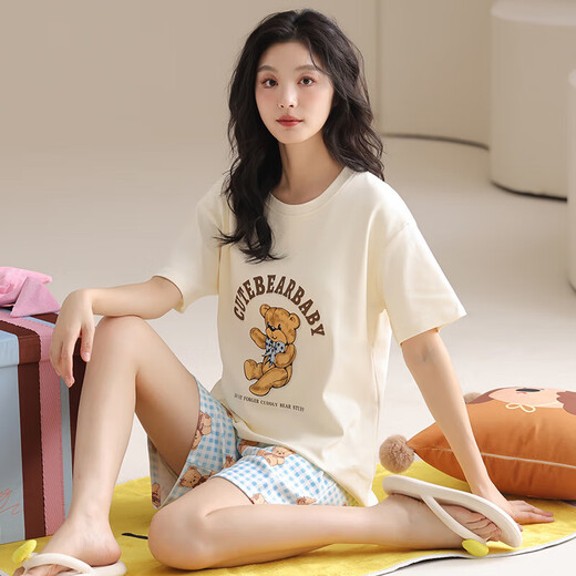 [纯棉][带胸垫]睡衣女夏款短袖短裤学生休闲可外穿家居服套装cker CKE-W6172-1A L