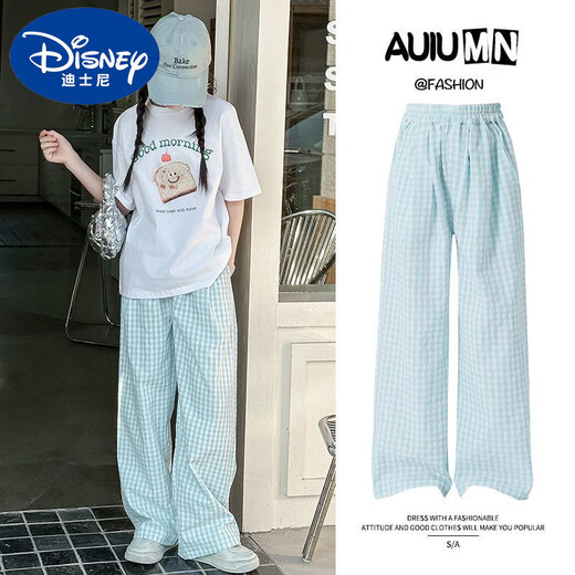 
Disney girls plaid trousers 2025 spring new style medium and large girls fashionable loose wide-leg pants spring children's sports pants 15266 blue 120