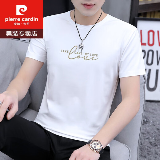 皮尔卡丹（pierre cardin）冰丝短袖t恤男士夏季潮流百搭帅气衣服2025新款半袖体恤上衣 1423白色 5XL 185斤-200斤