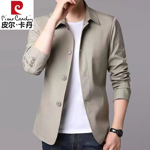 皮尔卡丹（pierre cardin）春秋季男士休闲夹克西装中青年纯色翻领薄款韩版修身风衣外套 浅灰色1048 M 【建议98-118斤】