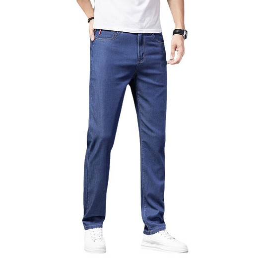 Gemas coloridas Jeans delgadas de seda de hielo Azule Blue pantalones estiramientos rectos sueltos FXX 9767 Azul claro 33