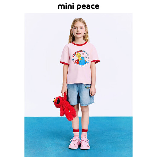 MiniPeace heat-blocking and anti-bacterial Sesame Street co-branded Peacebird children's clothing girls pink short-sleeved T-shirt summer wear crystal powder 140