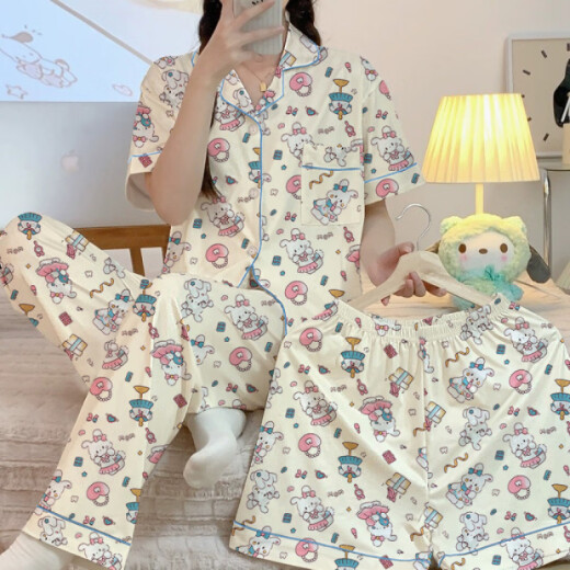 Pajama de primavera y verano de Hanrui para mujeres seda de seda de leche de dibujos animados de tres piezas ropa casera 14124 170 m