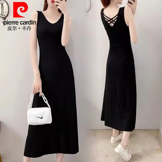 皮尔卡丹（pierre cardin）莫代尔面料2025夏季新款美背显瘦气质修身连衣裙长款法式吊带裙女 3880#黑色 XL 建议【101-115斤】购买