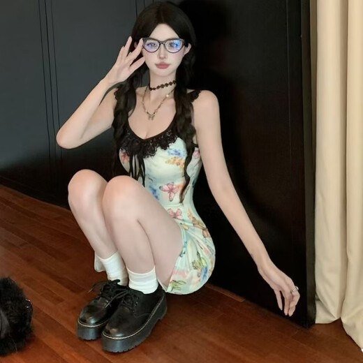 
Rongxitu butterfly printed suspender dress sweet and spicy waist-hugging summer new style short [6628#] XL