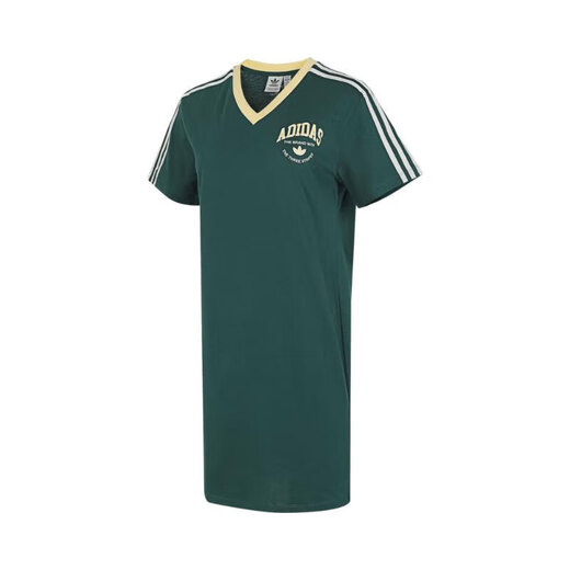 阿迪达斯 （adidas）三叶草短袖连衣裙女裙夏季运动裙V领半袖衫休闲T恤裙子 IR6042森林绿 L