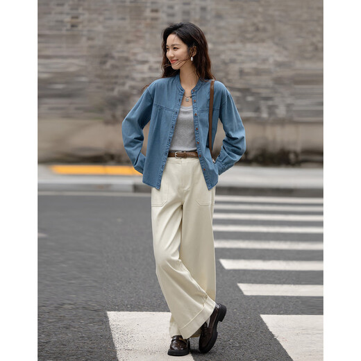 Demana Qinfu Cloud Feel Cotton Spring Simple Style Round Neck Shirt Comfortable to Hidden Meat and Matches Denim Shirt Women's Top