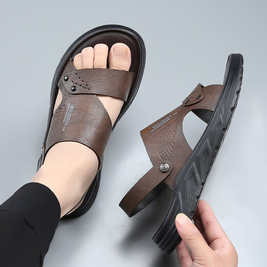 Dadong (dusto) sandals men's trendy 2025 summer outer wear thick-soled non-slip casual beach shoes men's soft leather breathable dual-purpose slippers gray 11155 38