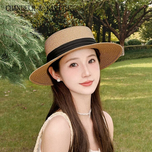 CHANEELR & KARITH夏季遮阳法式沙滩编织防紫外线平顶草帽生日小众礼物送女友老婆 卡其黑织带