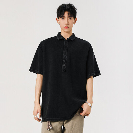 OEMG schweres T-Shirt mit kurzärztem T-Shirt für Herren Sommer Trendy Marke High-End und hübsches Waschen Henry Kragen Lose Top T-Shirt Black XL [Vorgeschlagen 110-130jin [Jin entspricht 0,5 kg]]