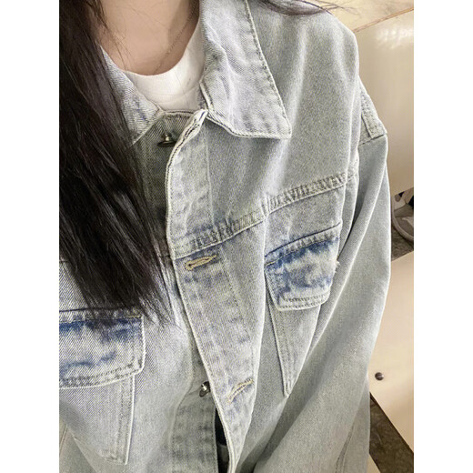 FHHUABD DENIM Jacke Studentin Koreaner Stil Lose lässige Denim Kleidung vielseitige Nische große Größe Frauen hellblau Jacke 9926# Blue S [Empfohlen 80-100jin [Jin gleich 0,5 kg]]