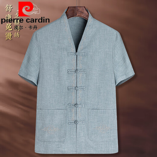 皮尔卡丹（pierre cardin）中国风男装领口刺绣唐装短袖复古居士服中老年夏季改良新中式唐装 LW-826短袖V领上衣 深蓝色 M 170/39【建议100-125斤】