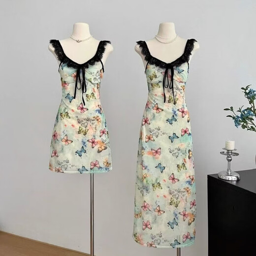 
Rongxitu butterfly printed suspender dress sweet and spicy waist-hugging summer new style short [6628#] XL
