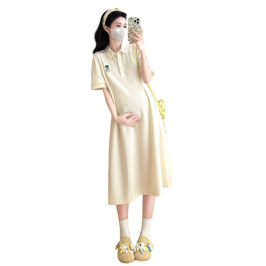 革曼孕妇装夏装2025新款时尚纯棉孕妇连衣裙中长款小个子夏季薄款裙子 杏色(优质版) XL(建议130-150斤)