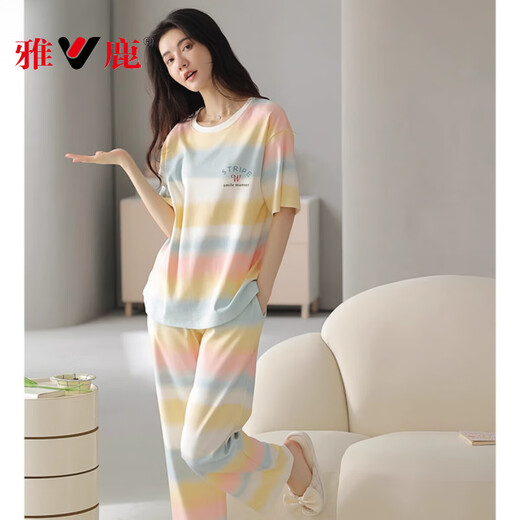 Yalu Pyjamas für Frauen im Sommer Reine Baumwolle kurzärmelige Hosen 2025 Neue Sommer-Frauen-Internet-Promi-Kleidungsstil-Kleidungsstück-9711 m [empfohlen, 80-100 Jin zu tragen [Jin gleich 0,5 kg]]