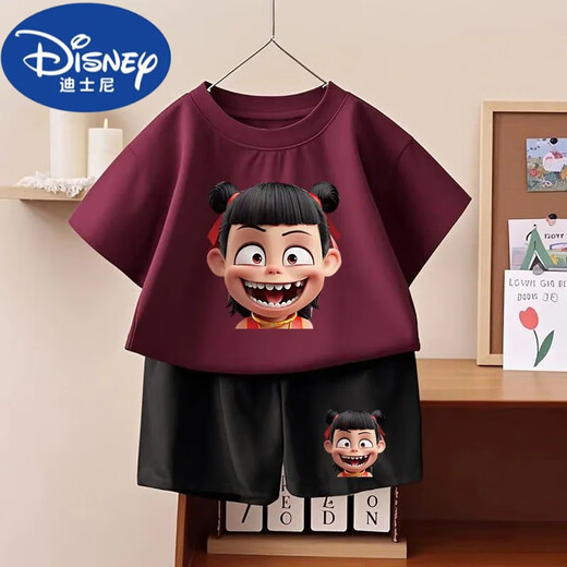 G.DuckKids Nezha: Tongtong Cotton Sweet Summer Summer Shorts New Children's Juego de dos piezas 1092# Pack Back T Wine Red + Pequeño 1098# Black Shorts 90
