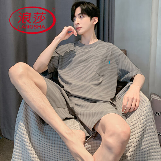 浪莎（LangSha）睡衣男夏季短袖短裤套装莫代尔薄款大码宽松家居服夏天新款可外穿 6198蓝莫代尔套装 L 90-120斤
