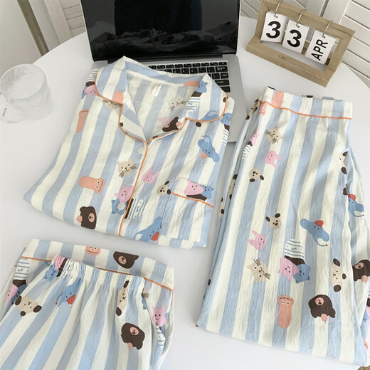 Jingpufei's new summer polka dot cotton gauze pajamas women's three-piece set comfortable home clothes Yunduo Cotton-9905# Black Love Three-piece Set M [Suggestion 75-100Jin [Jin equals 0.5 kg]]