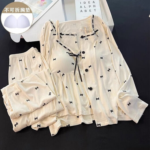 FHHUABD带棉垫睡衣女春秋季莫代尔保暖长袖灰色吊带蝴蝶结家居服三件套装 6621#.黑色 -莫代尔三件套 M 建议75-100斤
