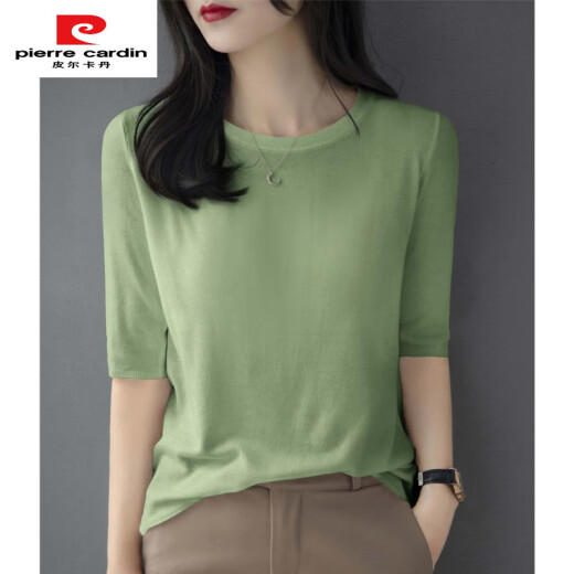 皮尔卡丹（pierre cardin）薄款一字夏季款圆领百搭宽松打底法式针织上衣针织衫五分中袖修身 黑色 854#中袖 针织衫 S 80-100斤穿
